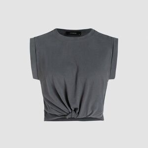 SOLID ROUND NECKLINE TWIST SHORT SLEEVE CROP TOP